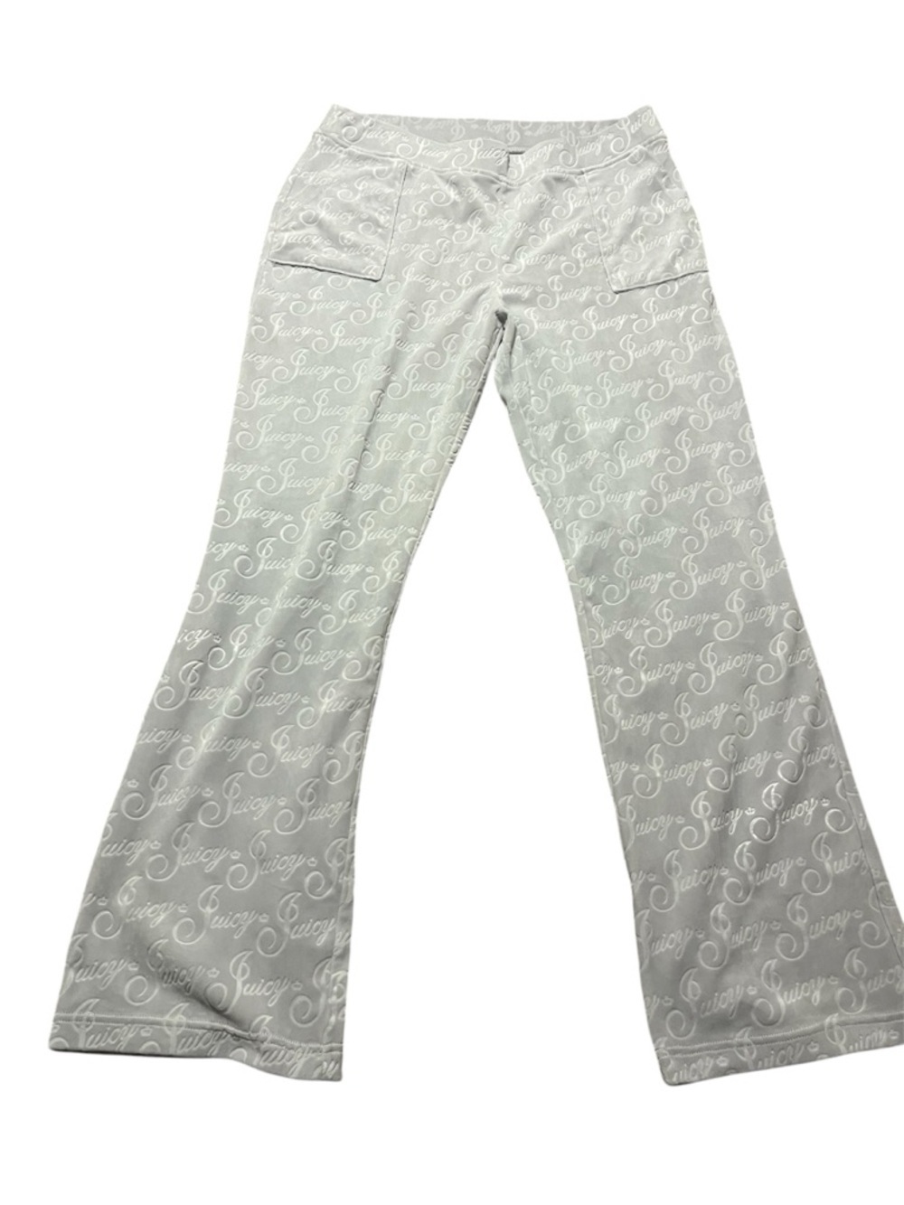 Juicy Couture Velour Flare Sweatpants All-Over Logo Size XL Embossed Soft Gray